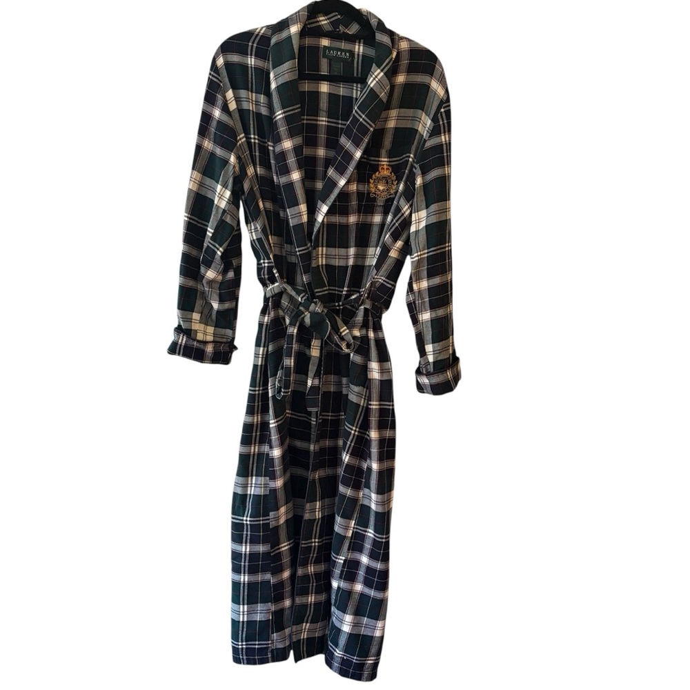 Lauren Ralph Lauren Green Plaid Flannel Robe with crest 100% cotton long length